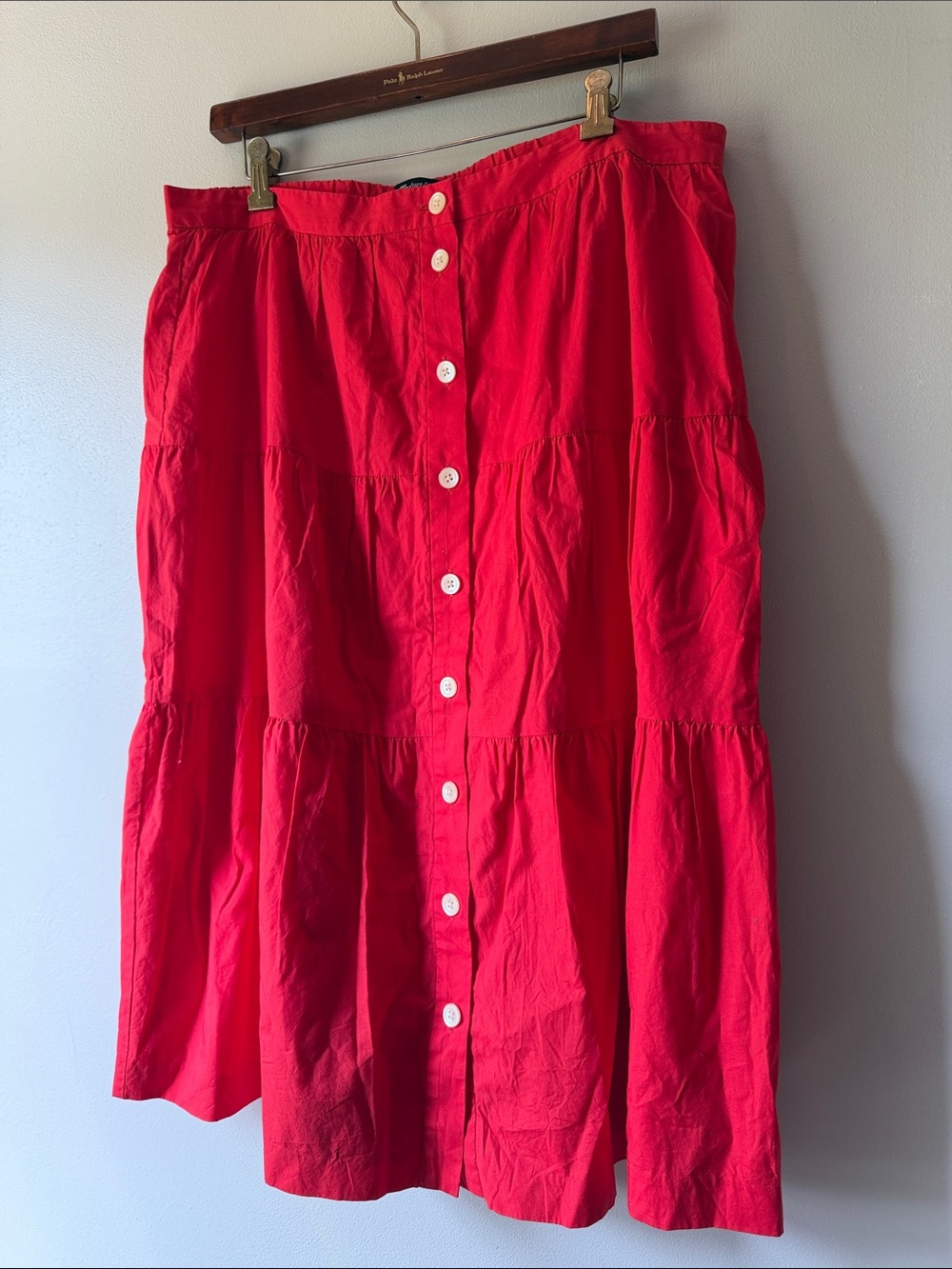 Madewell Red Button-Front Tiered Midi Skirt